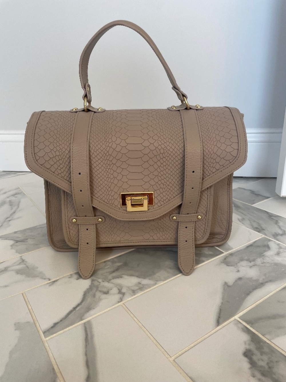Gigi Hayden Taupe Embossed Snakeskin Structured Satchel Handbag